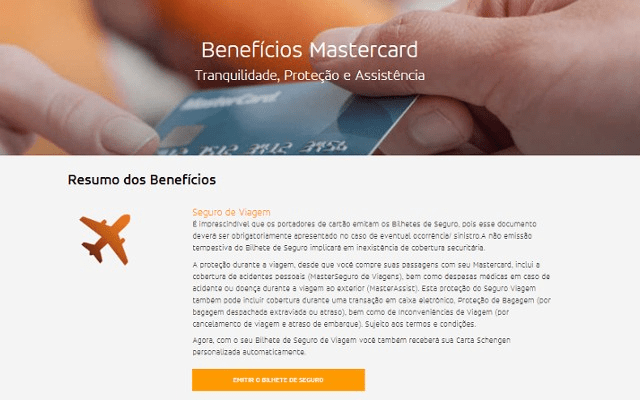 print da página para emissão do seguro viagem da mastercard