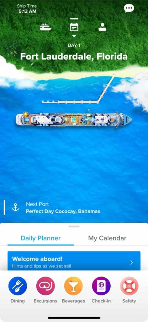 Aplicativo da Royal Caribbean usado para fazer reservas e planejamentos.