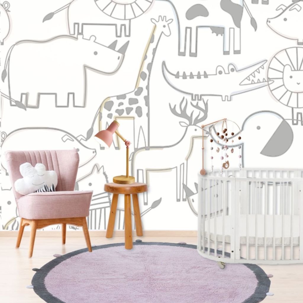 quarto de menina com decoração temática de animais em rosa com tapete infantil redondo roda e luminária rosa