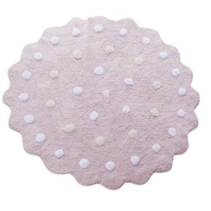 Tapete Infantil Felpudo rosa com as bordas onduladas e pontos brancos e bege por todo tapete