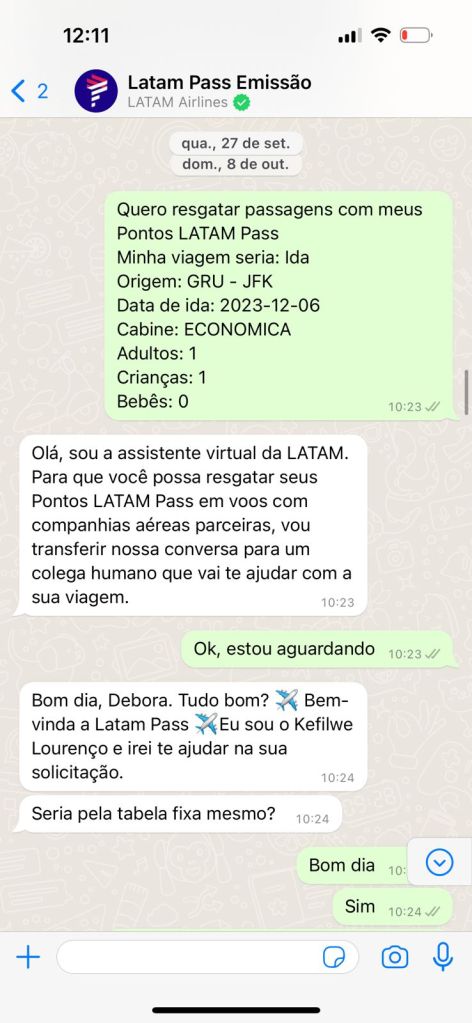 print da solicitação de emissão de passagem usando tabela fixa da latam para voa para NY via Delta
