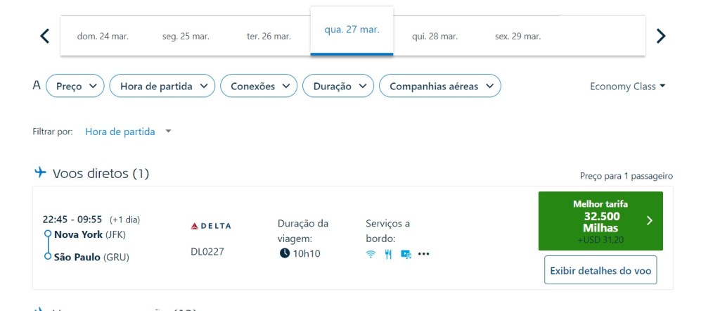Disponibilidade de passagem ida via Delta com tarifa award